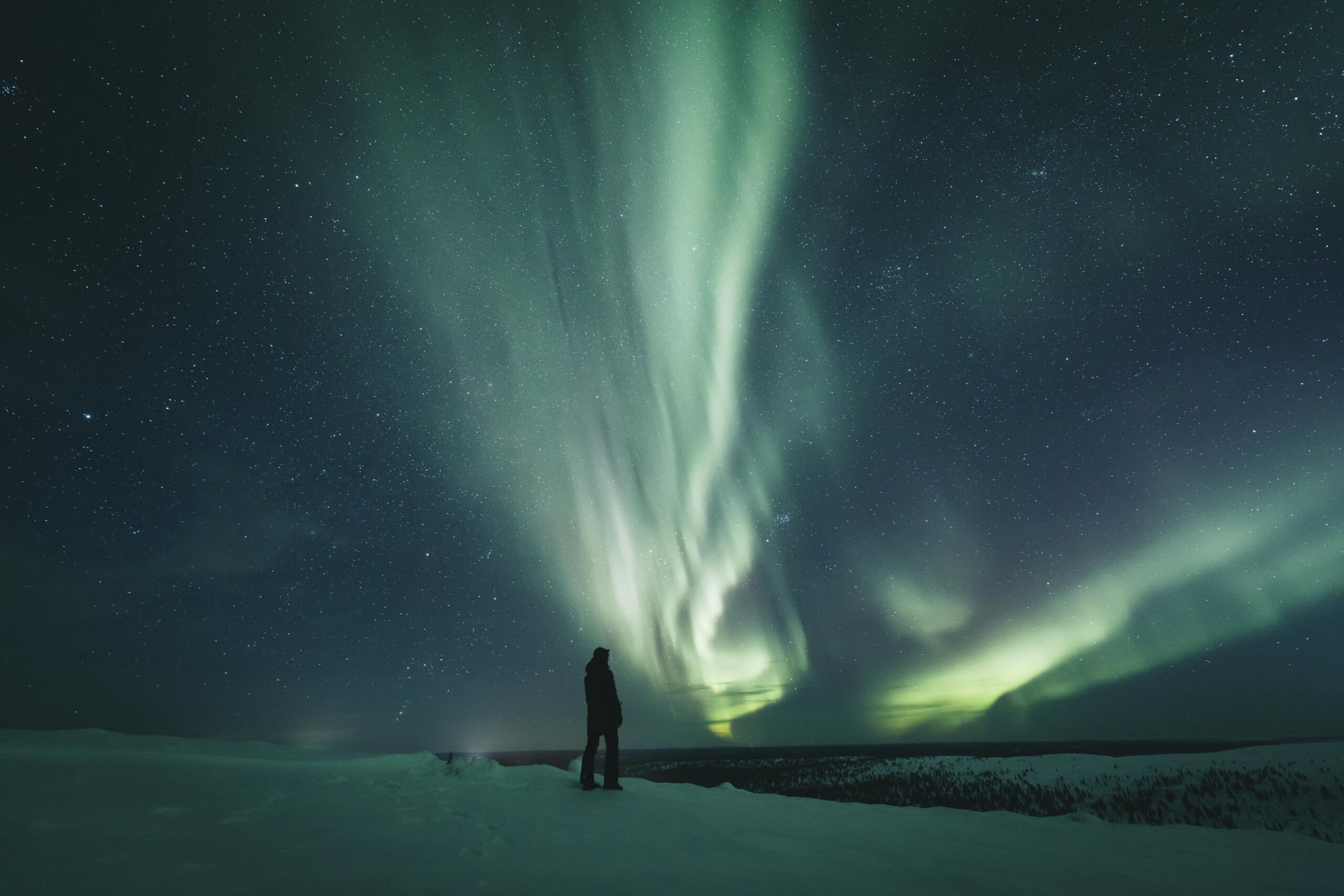 Eine Person steht in einer nächtlichen Schneelandschaft und blickt auf leuchtend grüne und gelbe Polarlichter, die über einen klaren, sternenübersäten Himmel wirbeln.
