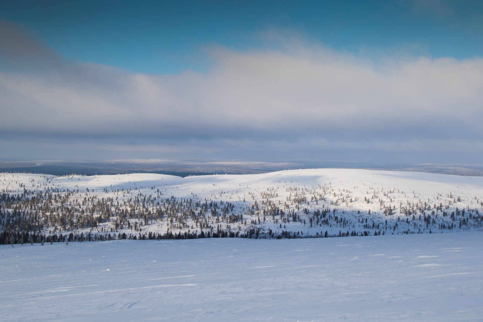 Lumen peittämät kukkulat ja harvat männyt levittäytyvät laajalle, talviseen maisemaan osittain pilvisen taivaan alla, ja auringonvalo valaisee osan lumesta.