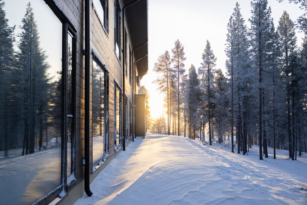 Moderni rakennus, jossa on suuret ikkunat, seisoo lumisessa maisemassa, jossa on korkeita mäntyjä, kun aurinko nousee tai laskee, heittää lämpimän kultaisen valon lumen päälle ja luo pitkiä varjoja.