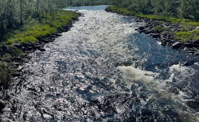 Joki virtaa nopeasti vihreiden, puiden reunustamien rantojen välissä kirkkaansinisen taivaan alla. Auringonvalo heijastuu vedestä ja luo hohtavan vaikutelman. Joen rannoilla ja vedessä näkyy kiviä.