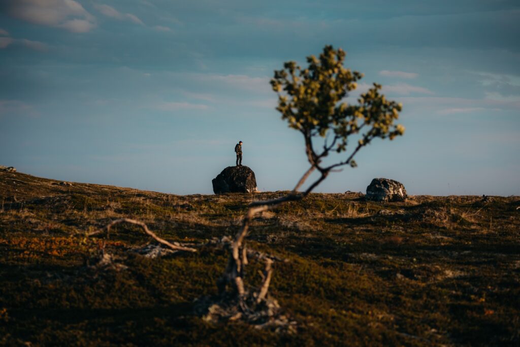Henkilö seisoo yksin suurella kalliolla Ruska Lapissan laajassa, avoimessa maisemassa, etualalla on pieni, lehtinen puu ja taustalla dramaattinen taivas, joka tuo mieleen yksinäisyyden ja mietiskelyn luonnossa.