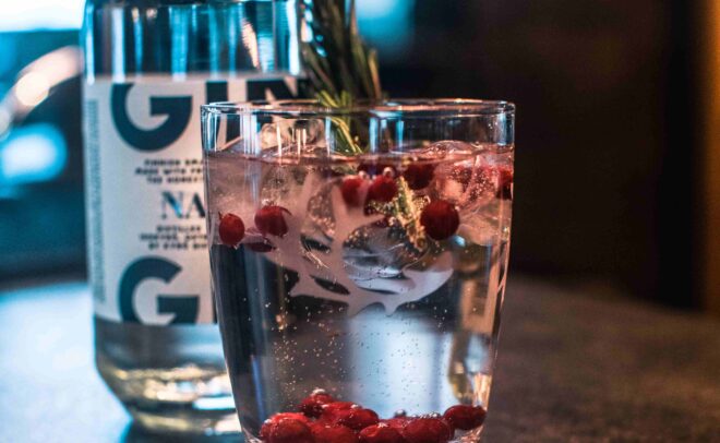 Lasi gin tonicia jäillä, granaattiomenan siemenillä ja rosmariininoksalla on lautasliinan päällä ginipullon vieressä tummalla työtasolla.