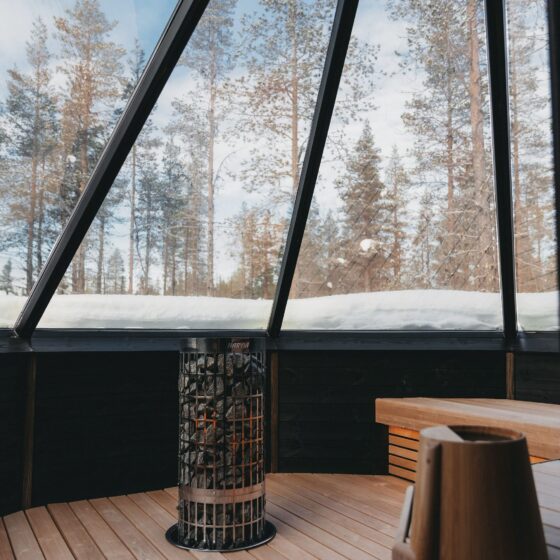 Viihtyisä sauna, jossa on puiset penkit ja metallinen kiuas, sijaitsee lasiseinäisessä huoneessa, josta avautuu selkeä näkymä lumipeitteiseen maahan ja korkeisiin mäntyihin ulkona sinisen taivaan alla.