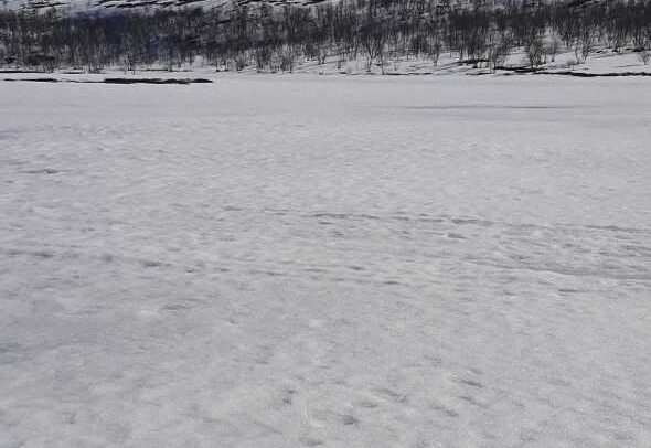 Lumipeitteinen maisema, jonka etualalla on tasainen, jäätynyt pelto ja taustalla loivasti nouseva mäki, jota koristavat lehtettömät puut kirkkaan sinisen taivaan alla.