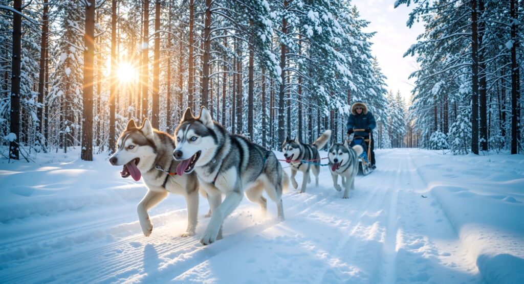 Huskyjen vetämä rekijoukko vetää kelkalla istuvaa henkilöä lumisen metsän läpi, jossa kohoavat korkeat männyt ja auringonvalo suodattuu oksien välistä.