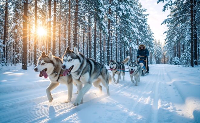 Huskyjen vetämä rekijoukko vetää kelkalla istuvaa henkilöä lumisen metsän läpi, jossa kohoavat korkeat männyt ja auringonvalo suodattuu oksien välistä.