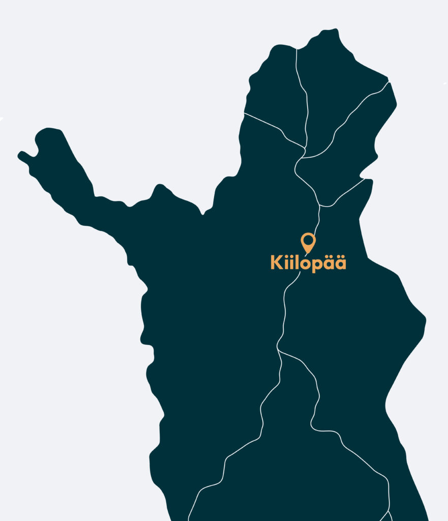 A dark green map outline of northern Finland features white borderlines and a marker highlighting Kiilopää, with its name displayed in bold yellow text.