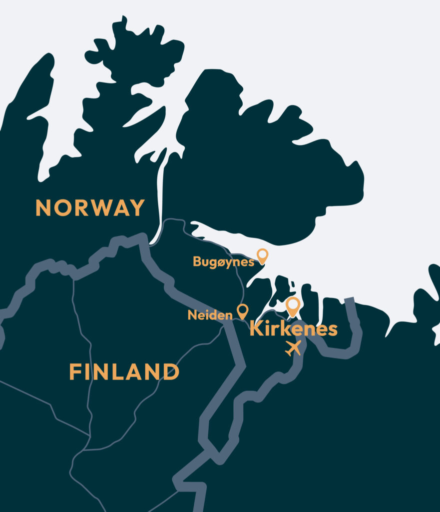 A map showing parts of northern Norway and Finland, highlighting Kirkenes along with Bugøynes and Neiden near the Norway-Finland border.
