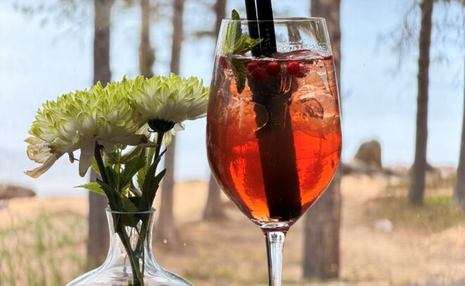 Lasillinen jäistä punaista cocktailia, jossa on marjoja ja minttua, istuu pienen valkoisia kukkia sisältävän maljakon vieressä kivipinnalla, ja taustalla näkyy puita ja järvi.