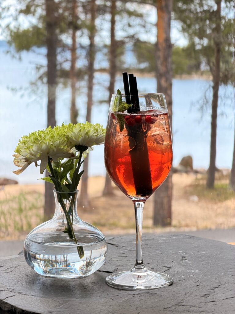 Lasillinen jäistä punaista cocktailia, jossa on marjoja ja minttua, istuu pienen valkoisia kukkia sisältävän maljakon vieressä kivipinnalla, ja taustalla näkyy puita ja järvi.
