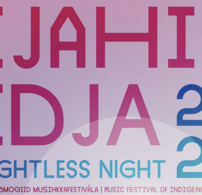 Poster with bold text reading IJAHIS IDJA 2026 Nightless Night and a subtitle in smaller font: Music Festival of Indigenous Peoples. The background is a gradient of pink and purple.