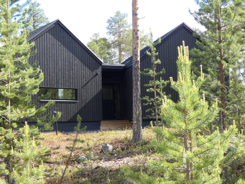 Moderni musta puumökki, jossa on kaksi harjakattoa, seisoo metsän vihreiden mäntyjen keskellä, ja auringonvalo korostaa rakennusta ja sitä ympäröivää luonnonmaisemaa.
