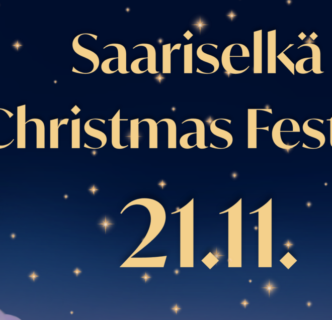 Kuvitettu opaste, jossa Saariselkä näkyy lumisen lyhdyn vieressä. Tekstissä lukee: Saariselän joulujuhla 21.11., ja tekstin taustalla näkyy tummansininen yötaivas, jossa loistavat kultaiset tähdet.