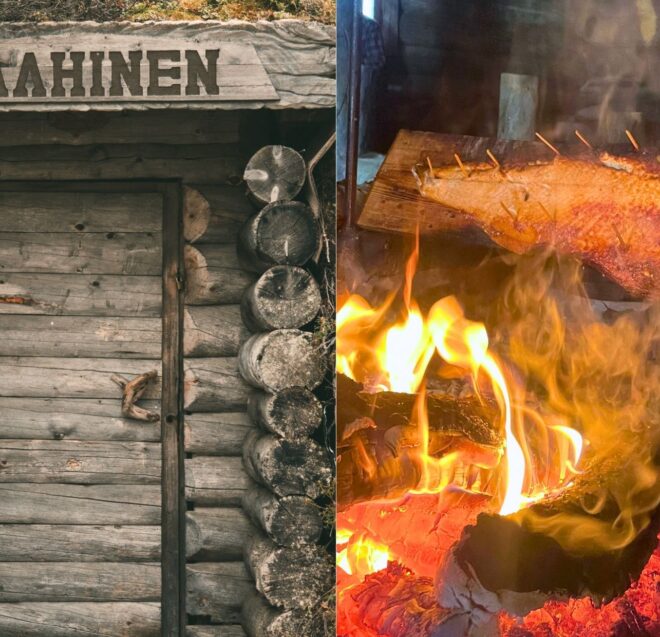 Vasemmalla on maalaismainen puumökki, jossa lukee ”MAAHINEN”; oikealla kalaa fileoidaan avotulella puulevyn päällä.