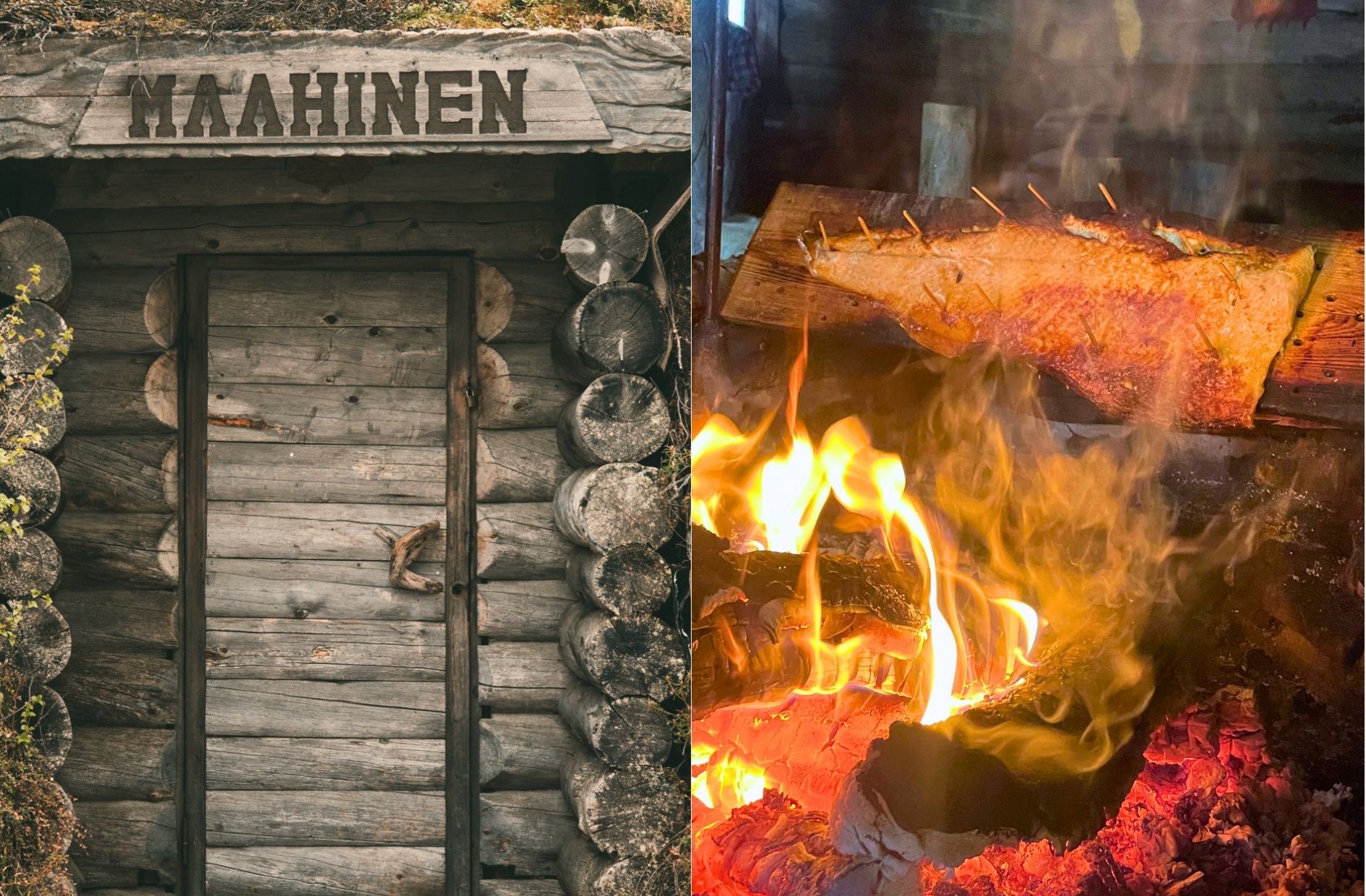 Vasemmalla on maalaismainen puumökki, jossa lukee ”MAAHINEN”; oikealla kalaa fileoidaan avotulella puulevyn päällä.