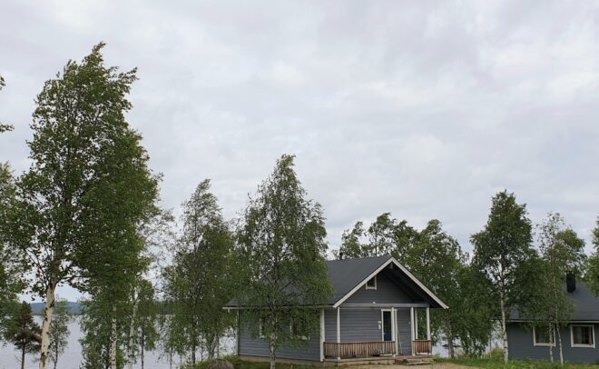 Pieni harmaa puumökki, jossa on kuisti, sijaitsee koivujen keskellä järven rannalla. Edessä olevalla nurmikolla on keltaisia kukkia, ja taivas on pilvinen. Oikealla näkyy osittain toinen mökki.