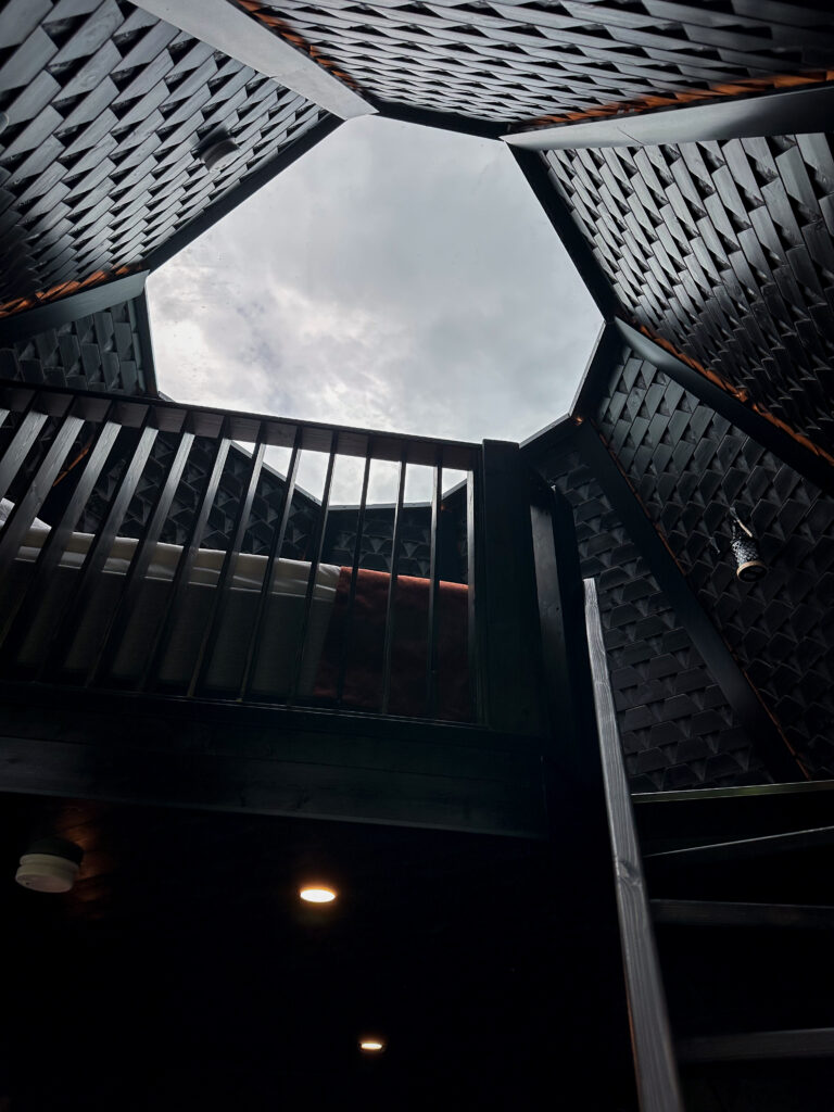 View from inside a dark wooden interior with a ladder and loft, looking up through a large hexagonal skylight at a cloudy sky.