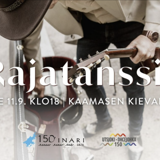 A person in a hat holds an acoustic guitar. Text over the image reads: Rajatanssit PE 11.9. KLO18 KAAMASEN KIEVARI. Logos and event info appear at the bottom.