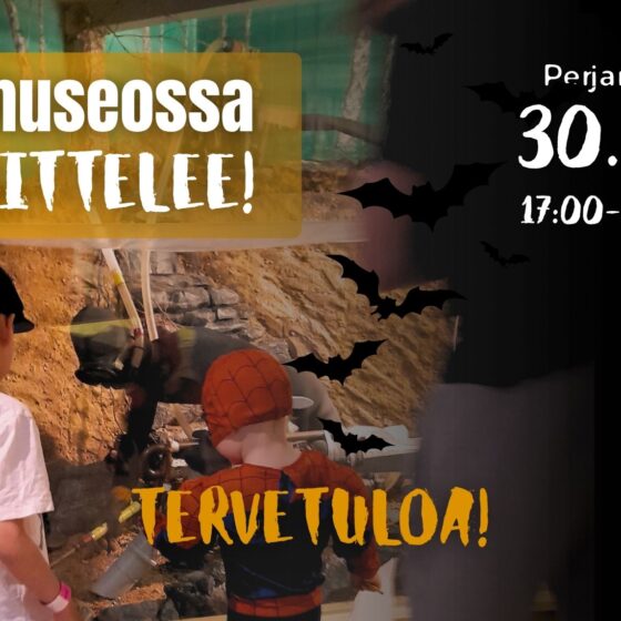 Event poster for Kultamuseossa Kummittelee! at the Gold Museum on Friday, October 30th, from 17:00 to 20:00, featuring a photo of children in costumes.