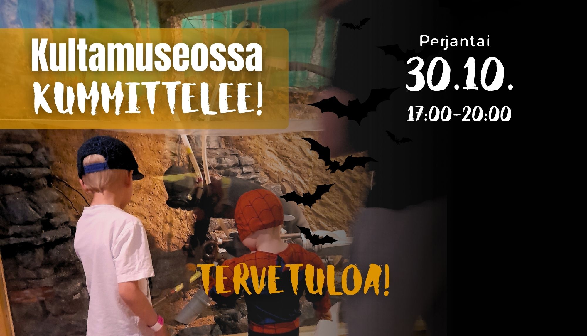 Event poster for Kultamuseossa Kummittelee! at the Gold Museum on Friday, October 30th, from 17:00 to 20:00, featuring a photo of children in costumes.