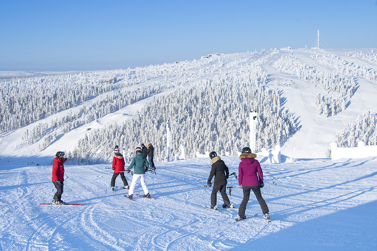 Ryhmä hiihtäjiä seisoo lumipeitteisellä rinteellä, josta avautuu näkymä laajalle, huurteeseen peittyneelle metsälle ja hiihtokeskukselle kirkkaan sinisen taivaan alla.