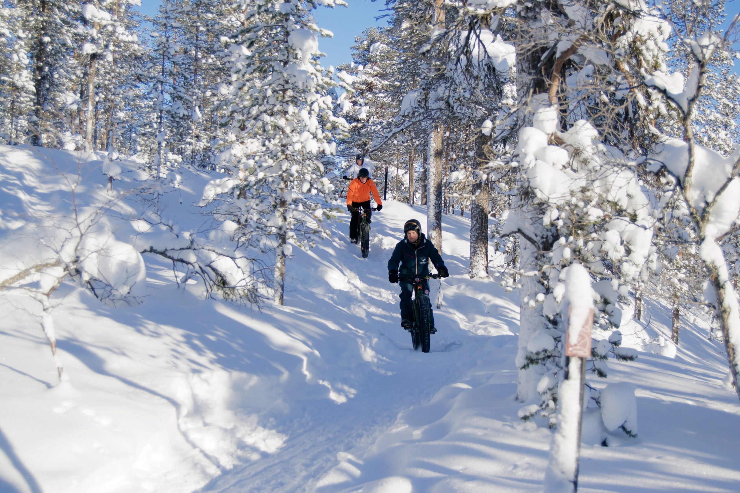 Kaksi maastopyöräilijää ajaa fatbikeilla lumista polkua pitkin lumipeitteisten puiden muodostaman metsän läpi.