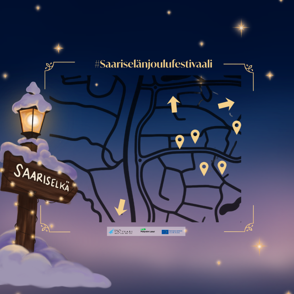 Kartta Saariselästä, jossa on sijaintimerkkejä ja suuntanuolia sekä luminen opastekyltti ja hashtag #Saariselänjoulufestivaali.