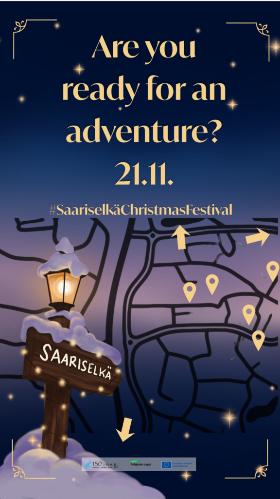 Poster for the Saariselkä Christmas Festival on 21.11., featuring a snowy map with location markers and a signpost.
