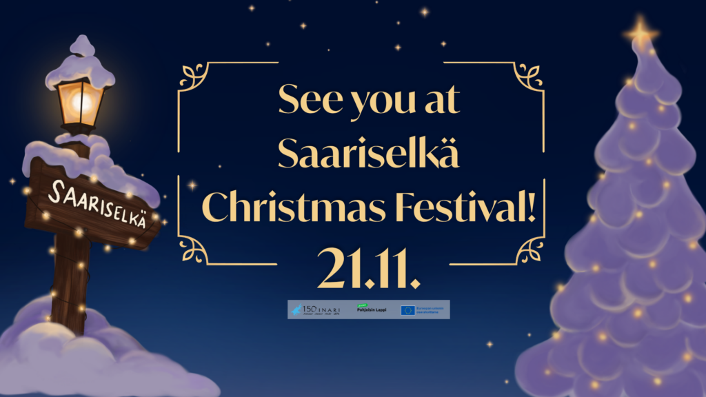 Ilmoitus Saariselän joulujuhlista 21. marraskuuta, jossa on kuvattu luminen lyhtykyltti ja tyylitelty joulukuusi.
