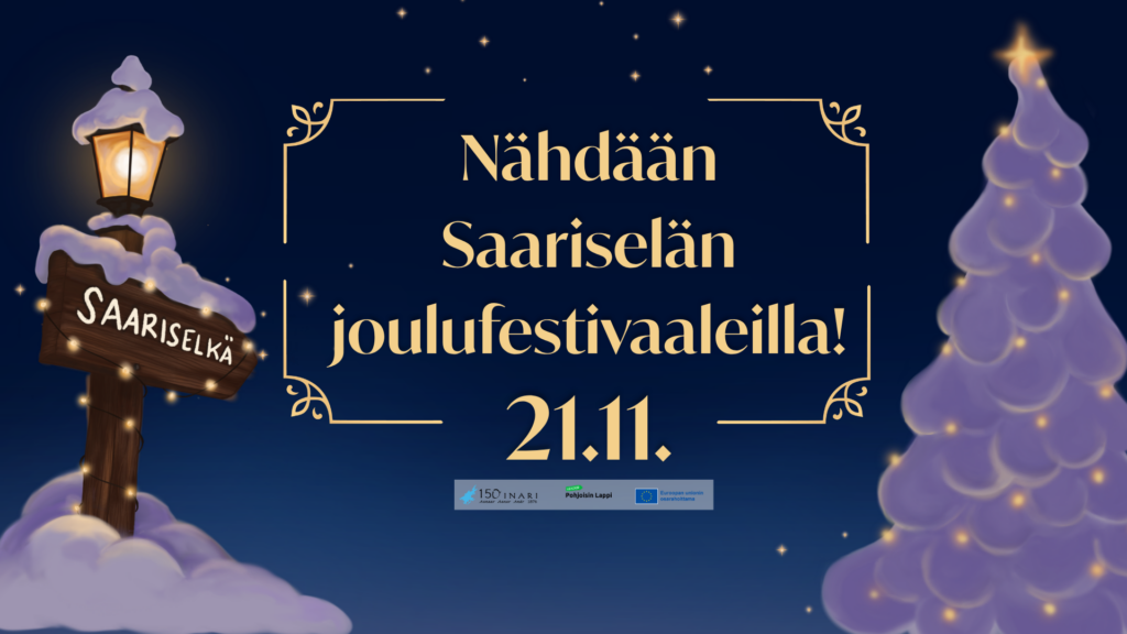 Kutsu Saariselän joulujuhlaan 21. marraskuuta, jossa on luminen lyhtyopaste ja tyylitelty joulukuusi.